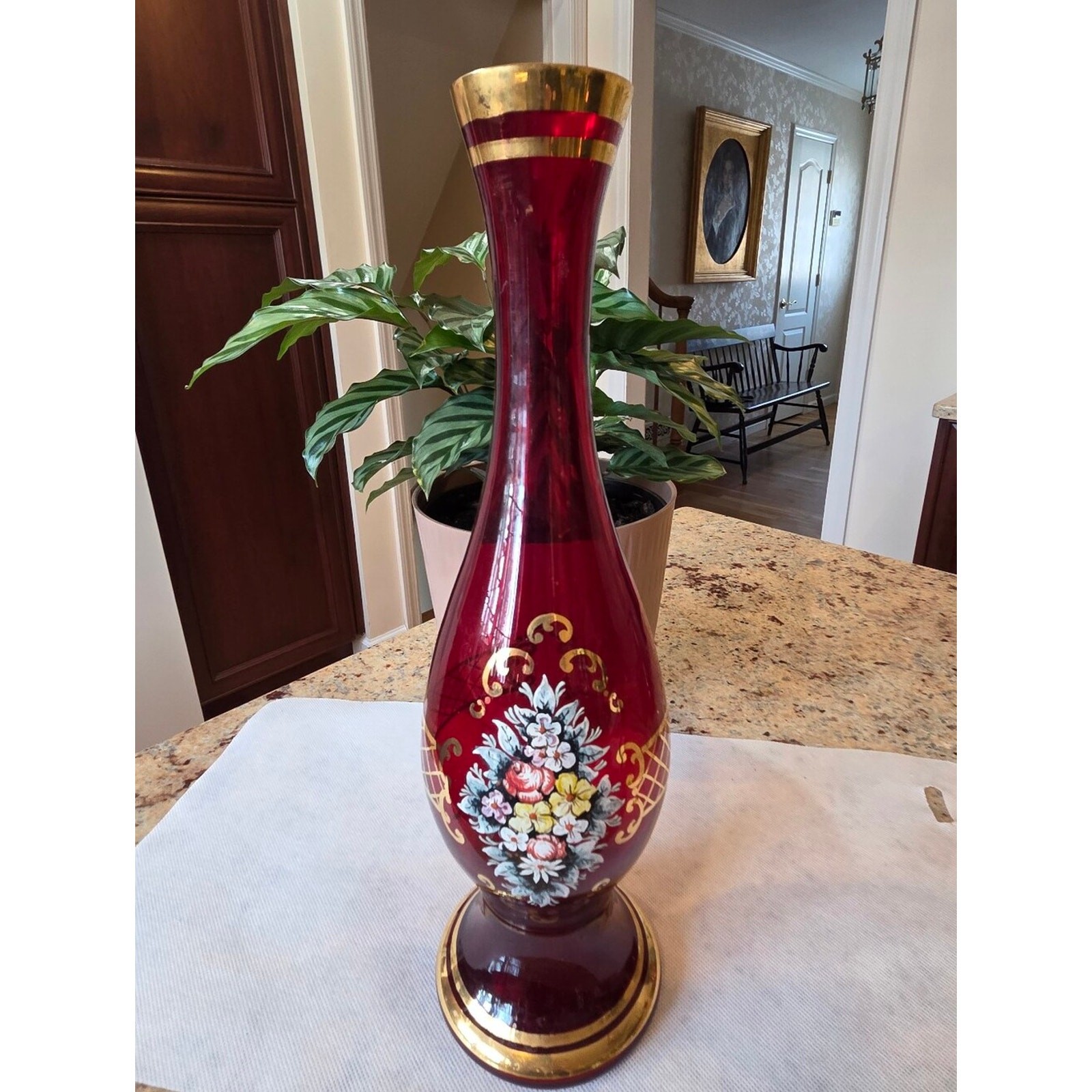 Bohemian Hand-Painted Red Glass Floral Vase with Gold Accents