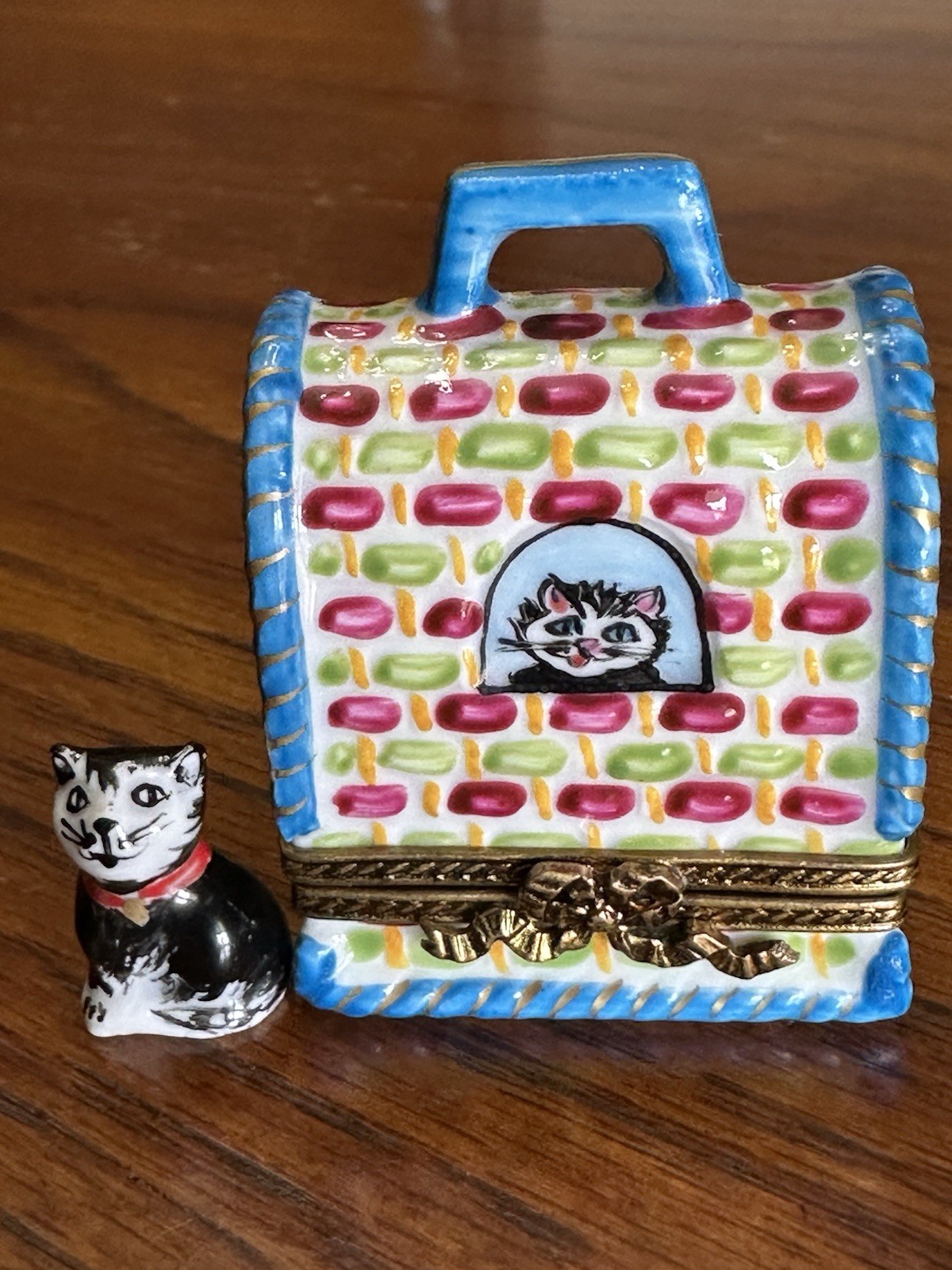 Limoges Trinket box Cat with Fancy Carrier Lots of Vibrant hand painted colors .