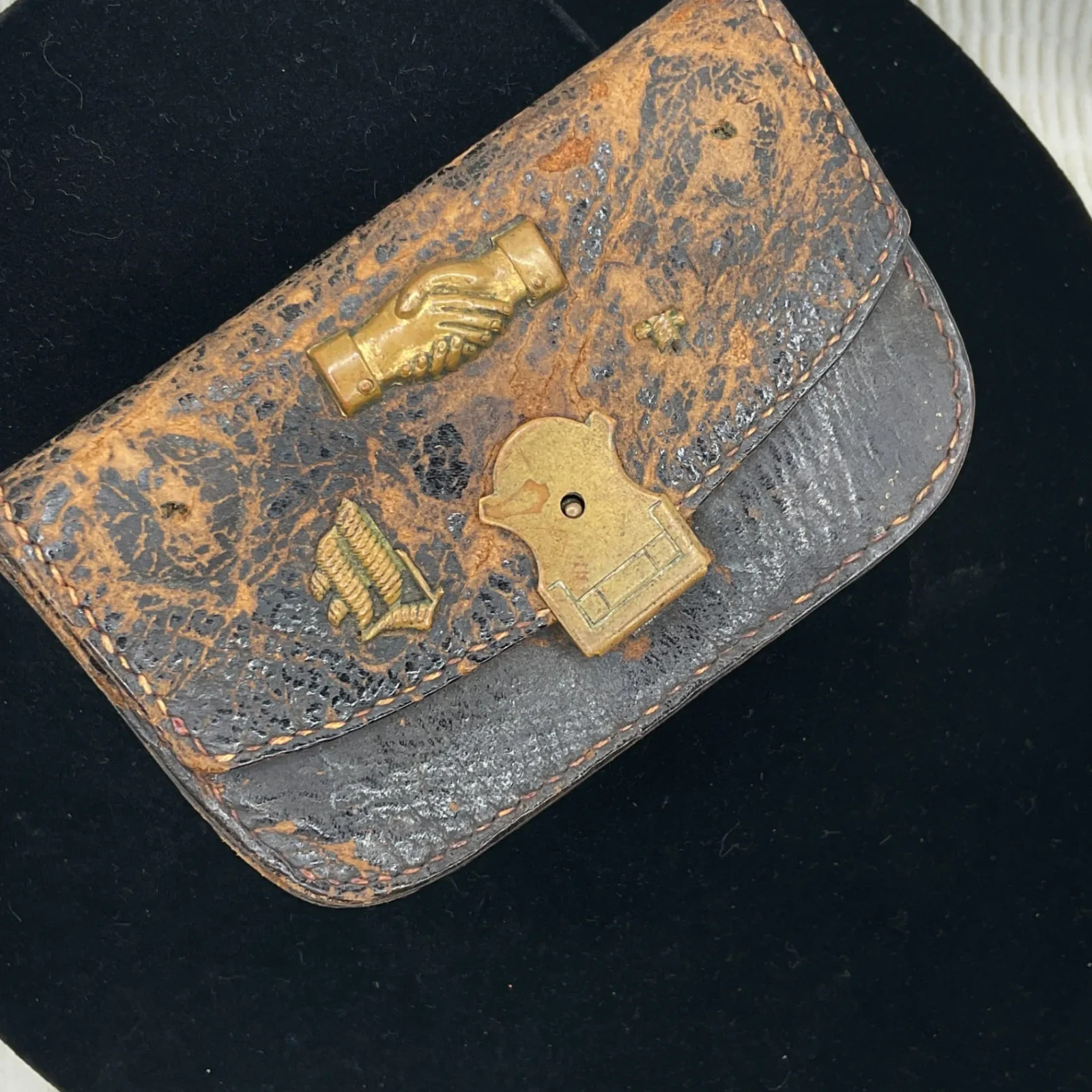 RARE Antique 19thC Fraternal Leather Coin Purse Wallet Odd Fellows ~ Free Masons