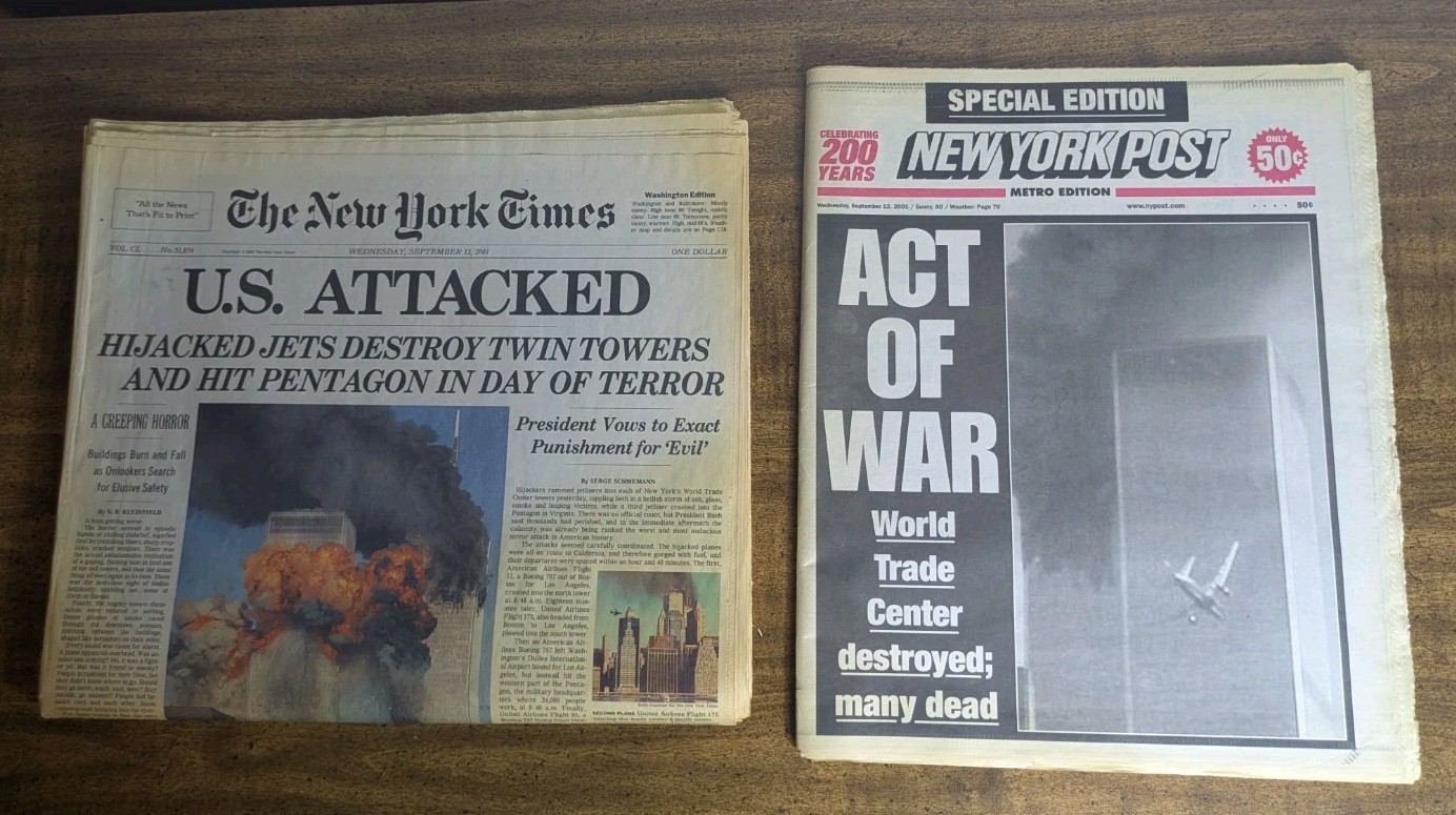 New York Times NY Post 9/11 Newspaper Lot Twin Towers Attacked Act of War Sep 12 New York Times NY Post 9/11 Newspaper Lot Twin Towers Attacked Act of War Sep 12