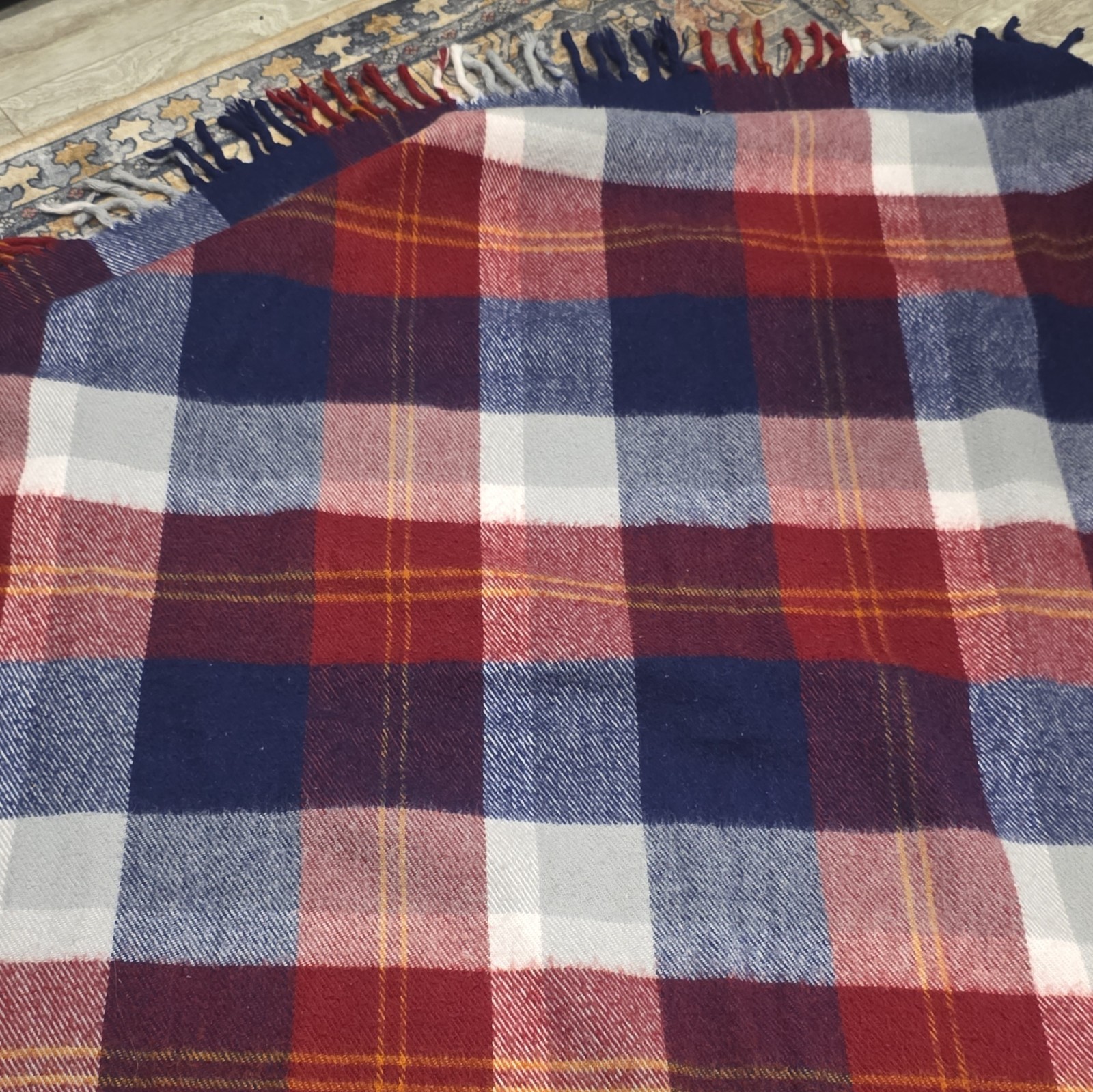 Faribo Vintage Wool Mills- Red, White & Blue Tartan Plaid Stadium Blanket COZY