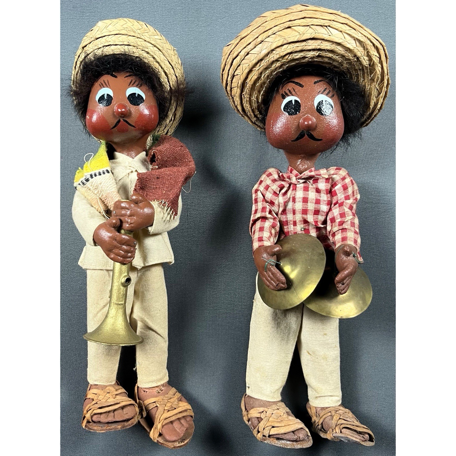 Vintage 1950s Mexican Folk Art Musician Dolls Pair Handmade Gourd Papier Mache