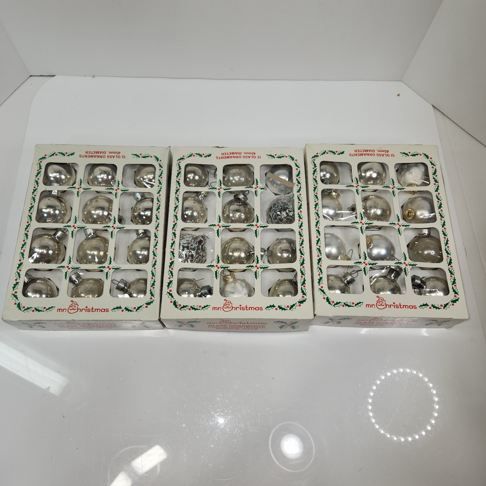 VTG 60\'s Glass Christmas Tree Ornaments Silver Round  Plain And Decorated 36 Pcs