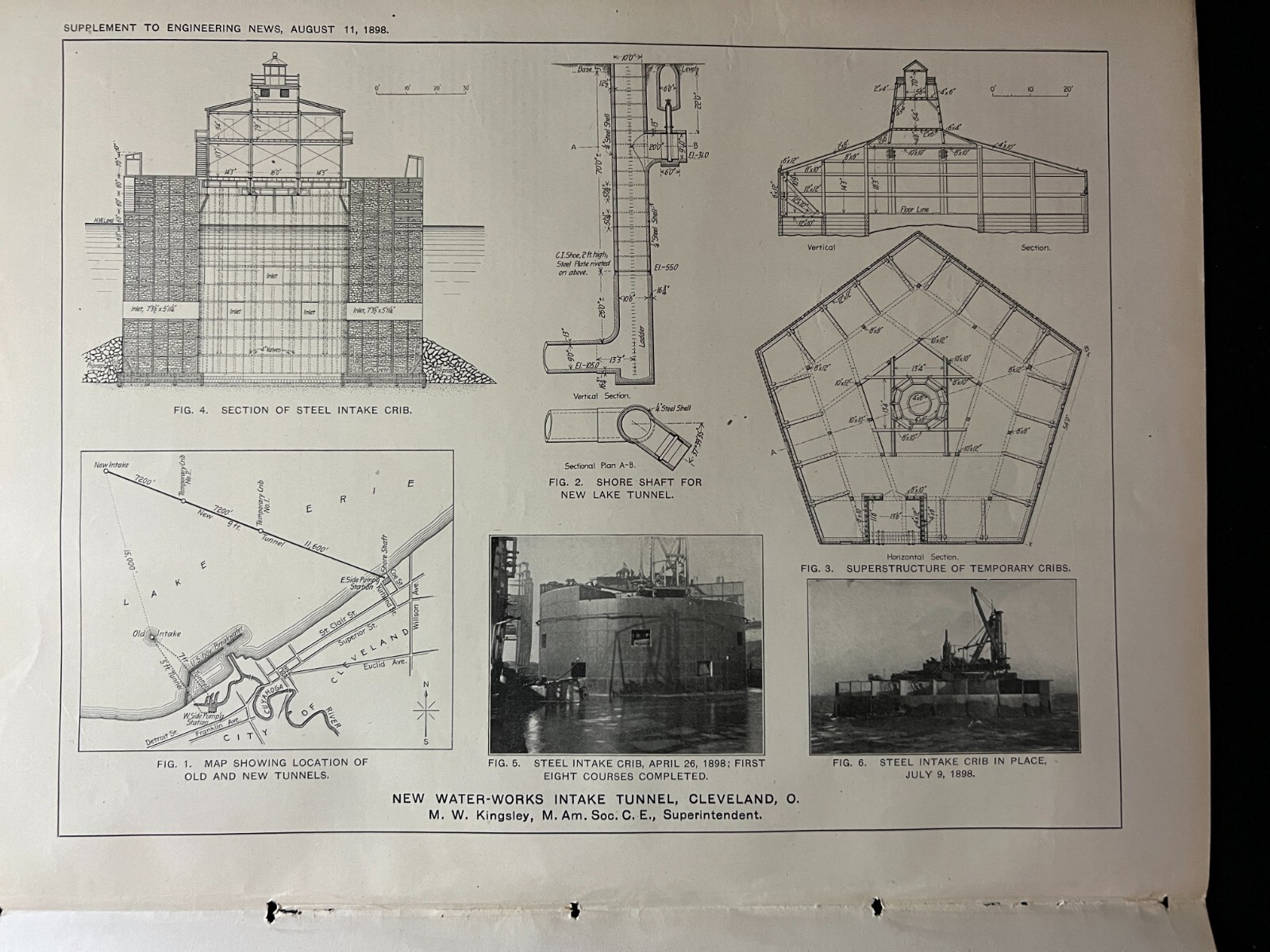 1898 Antique Industrial Illustration Water-Works Intake Tunnel, Cleveland OH