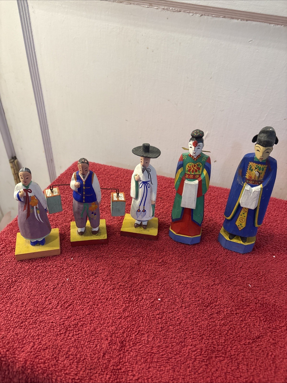 5 Vintage Hand Carved & Painted Wooden Korean Figures, 5” -7” Tall