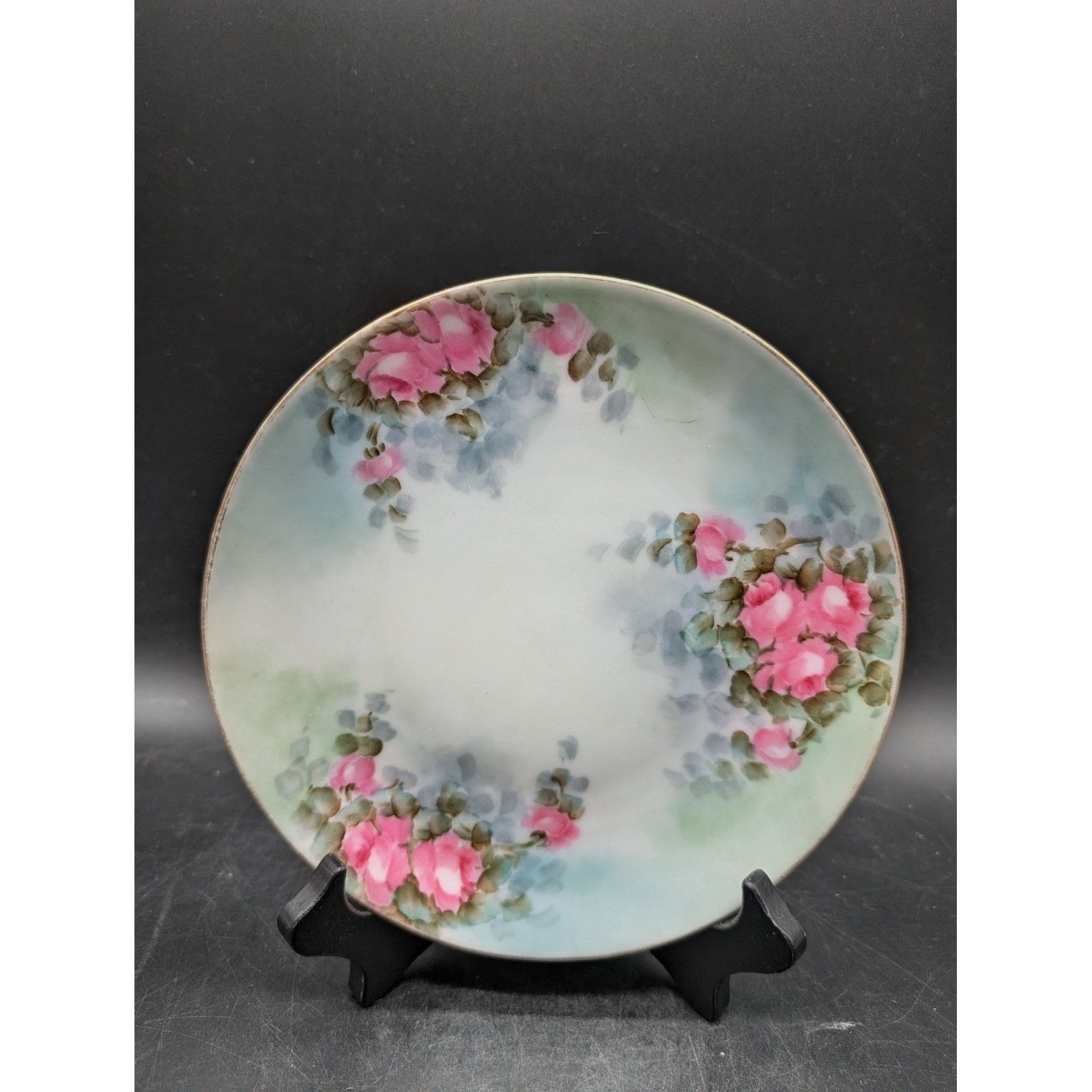 Vintage Hand Painted Porcelain Decorative Plate Pink Roses Gold Trim Gilded Edge