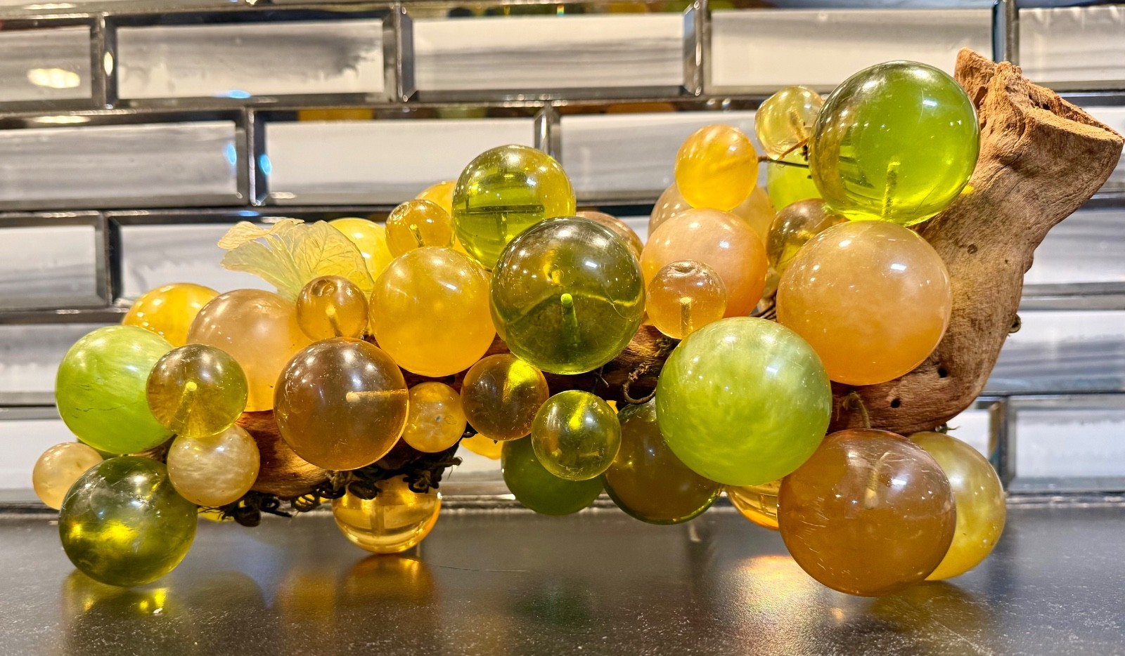 Vtg MCM Large Lucite Acrylic Grape Cluster on Driftwood Amber Green Yellow 15in