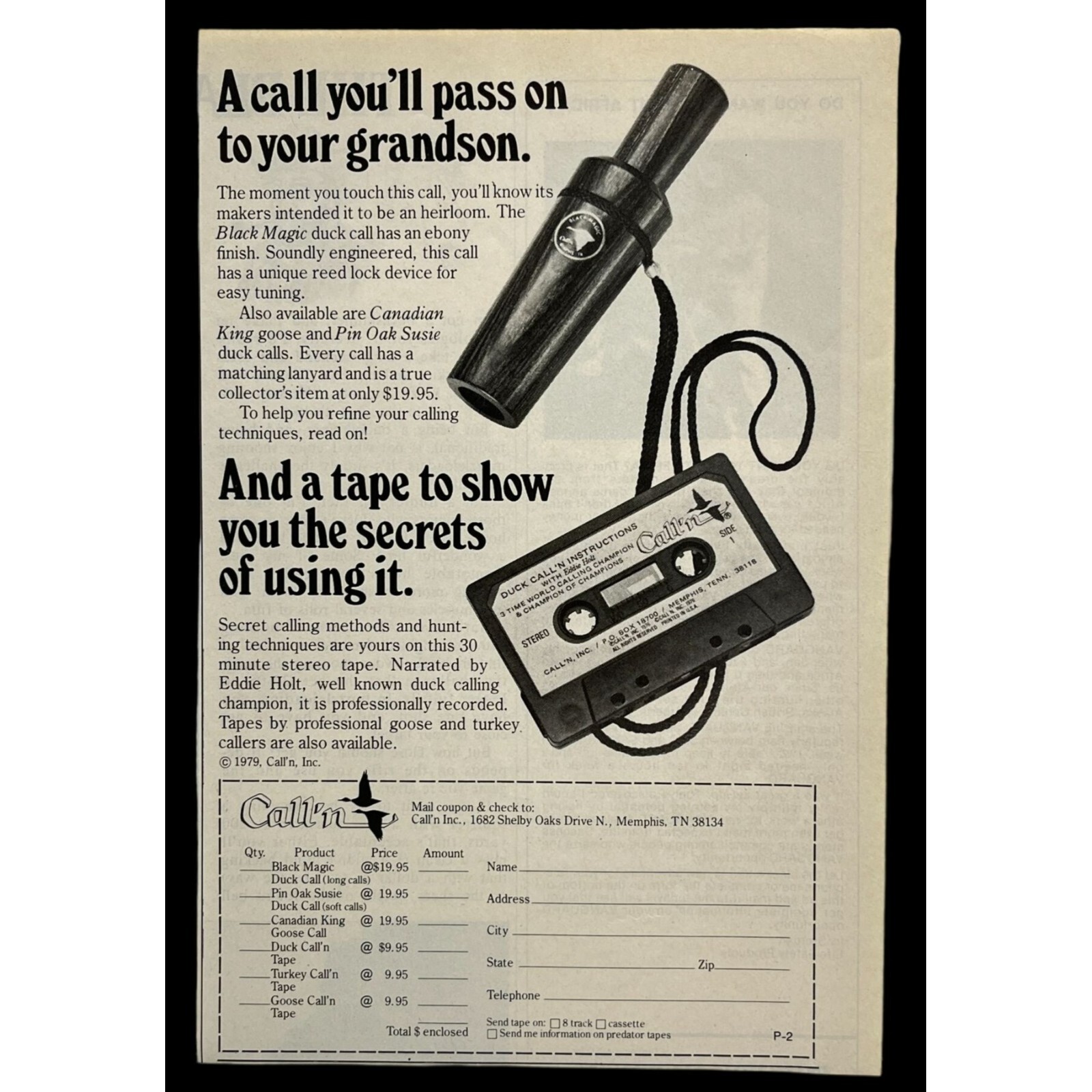 Call'n Duck Calls Vtg Print Ad 1980s Hunting Black Magic Cassette Instruction