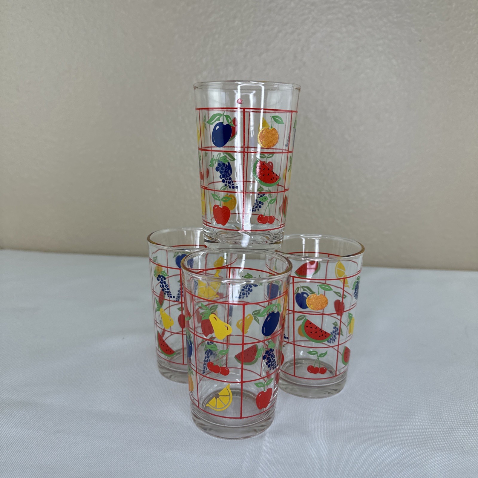 Vtg KIG Juice Glasses Assorted Fruit Red Grid Indonesia Set Of 4 Retro 70s 80s