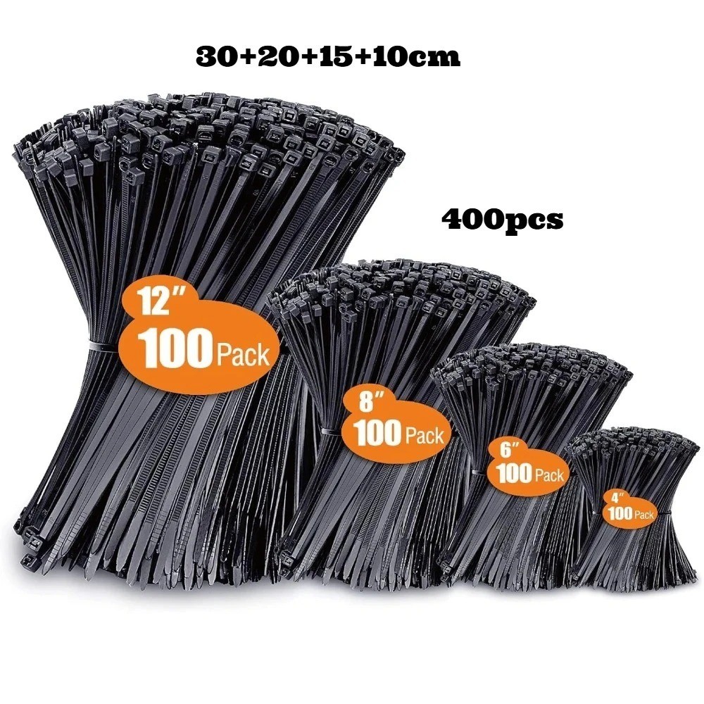 100/400PCS Black Cable Zip Ties 4 6 8 12in UV Resistant Wire Ties Assorted