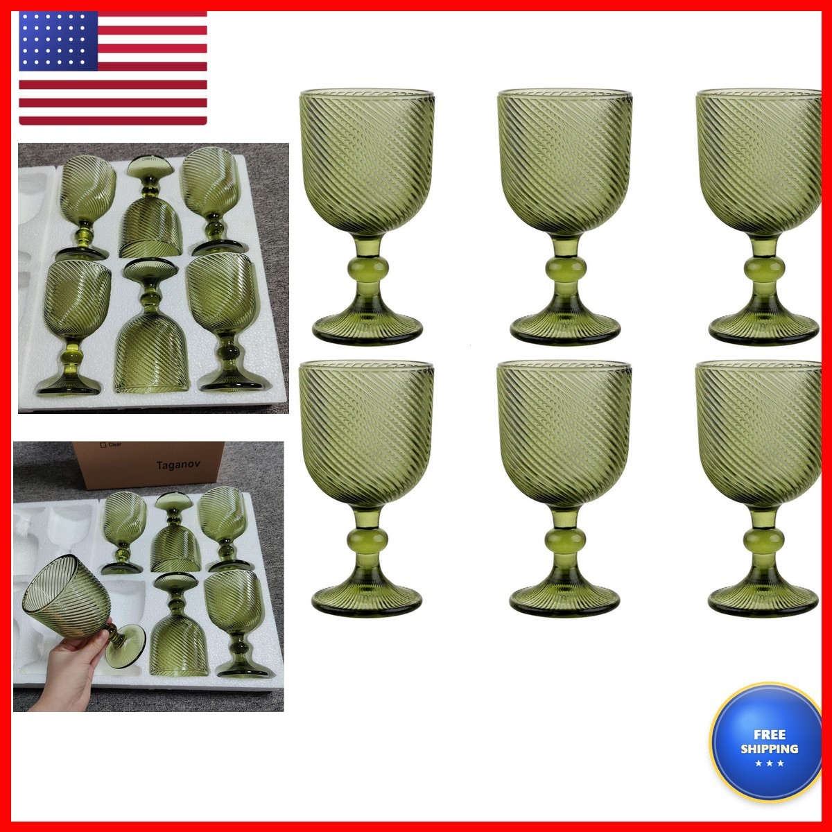 Taganov Green Wine Goblets Set of 6 Vintage Stemware 12oz 350ml Wedding Party