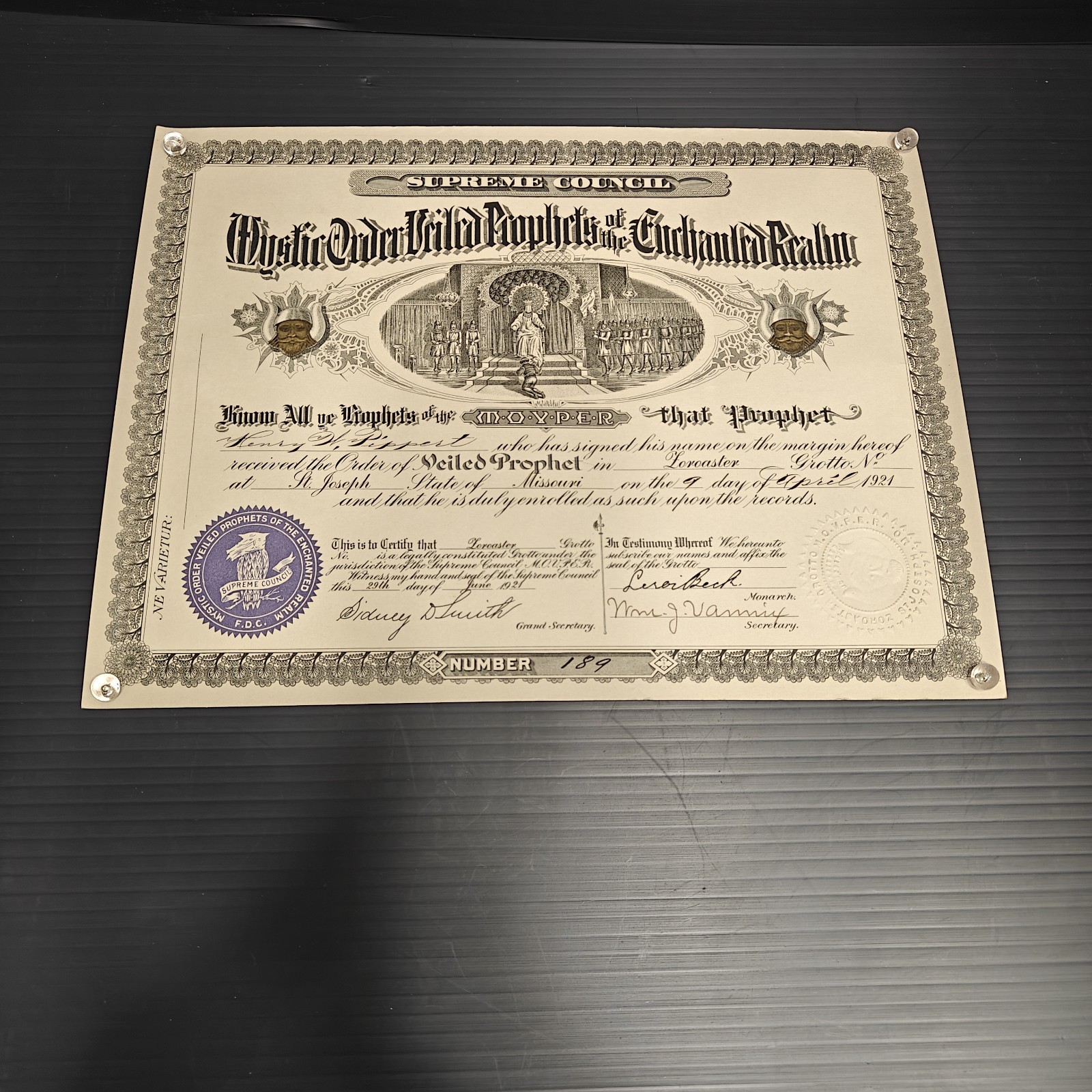 1921 M.O.V.P.E.R Grotto Veiled Prophets Certificate Antique Fraternal Document