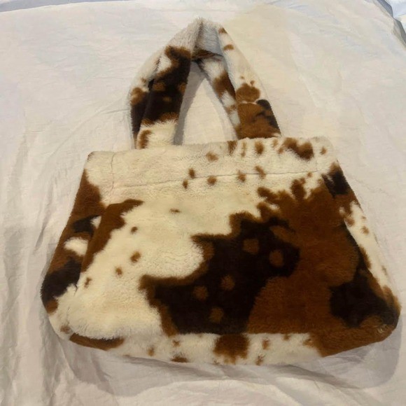 Faux Fur Cow Print Tote Bag Brown White Fuzzy Plush Y2K Western Shoulder Bag