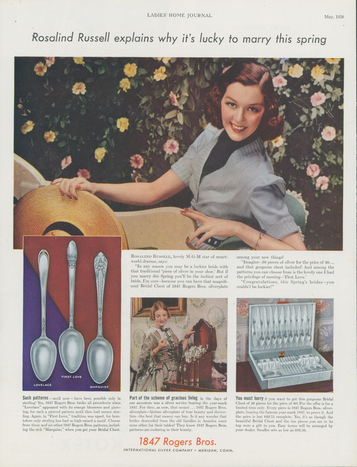 1938 1847 Roger Bros Silverplate Rosalind Russell Bridal Chest Vtg Print Ad LHJ2