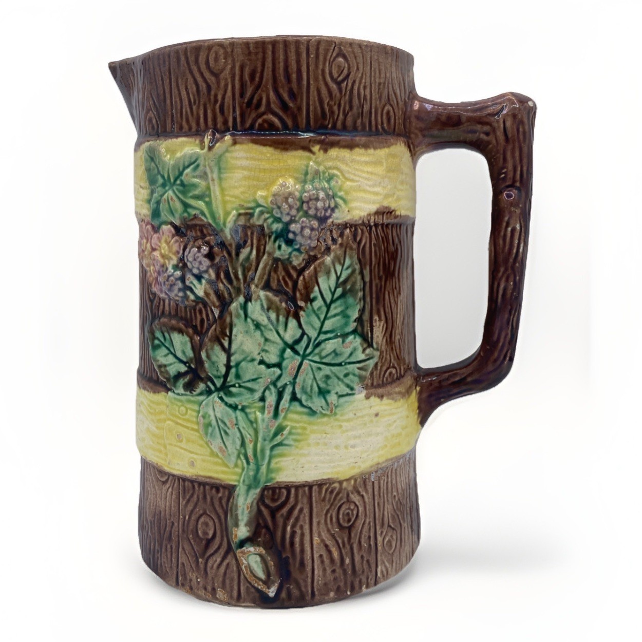 Antique Wedgewood Majolica Blackberry On Wood Design Ceramic Pitcher