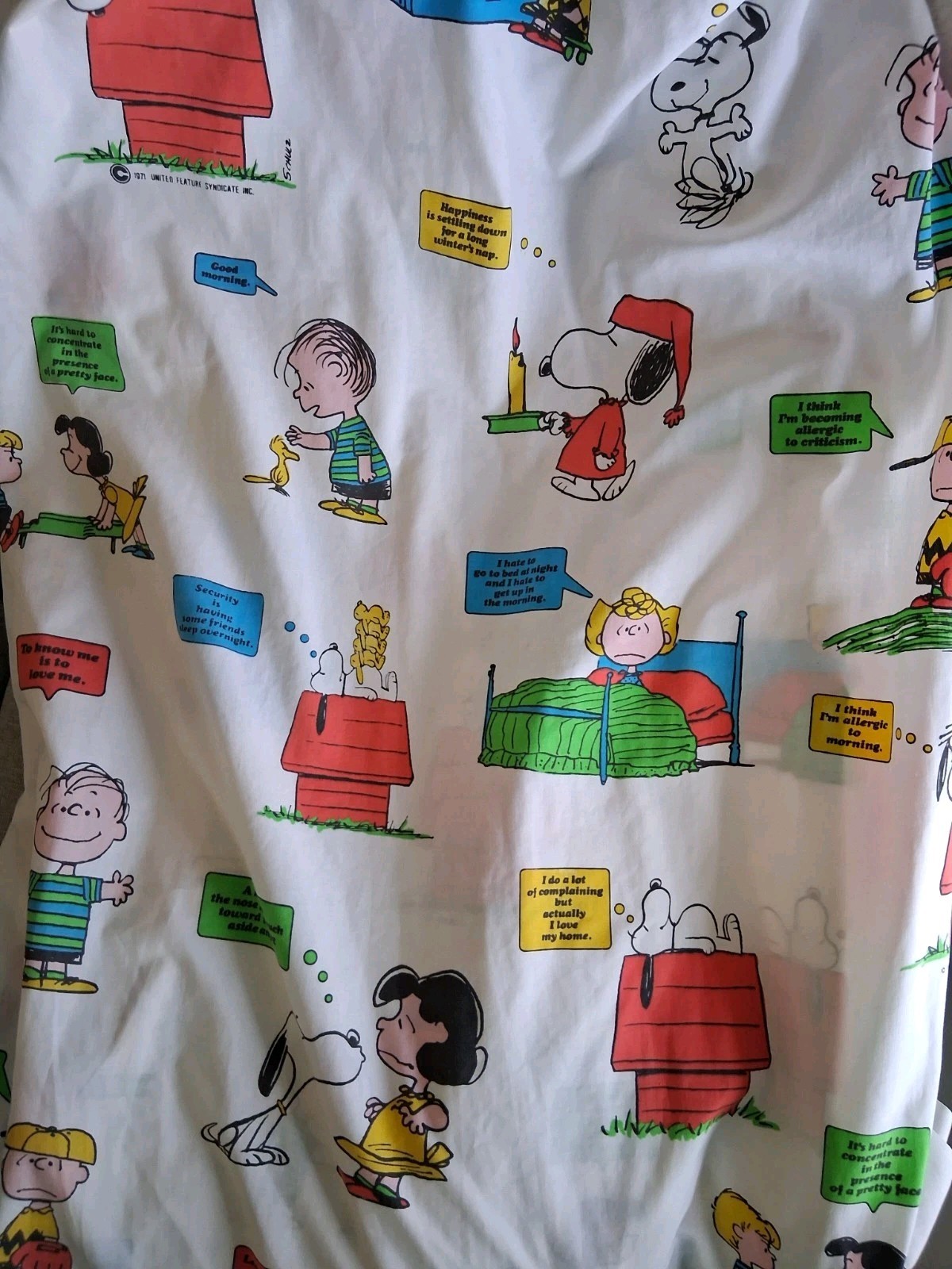 Vintage 1971 Peanuts Snoopy “HAPPINESS IS” Fitted Sheet Twin Excellent Vibrant Vintage 1971 Peanuts Snoopy “HAPPINESS IS” Fitted Sheet Twin Excellent Vibrant