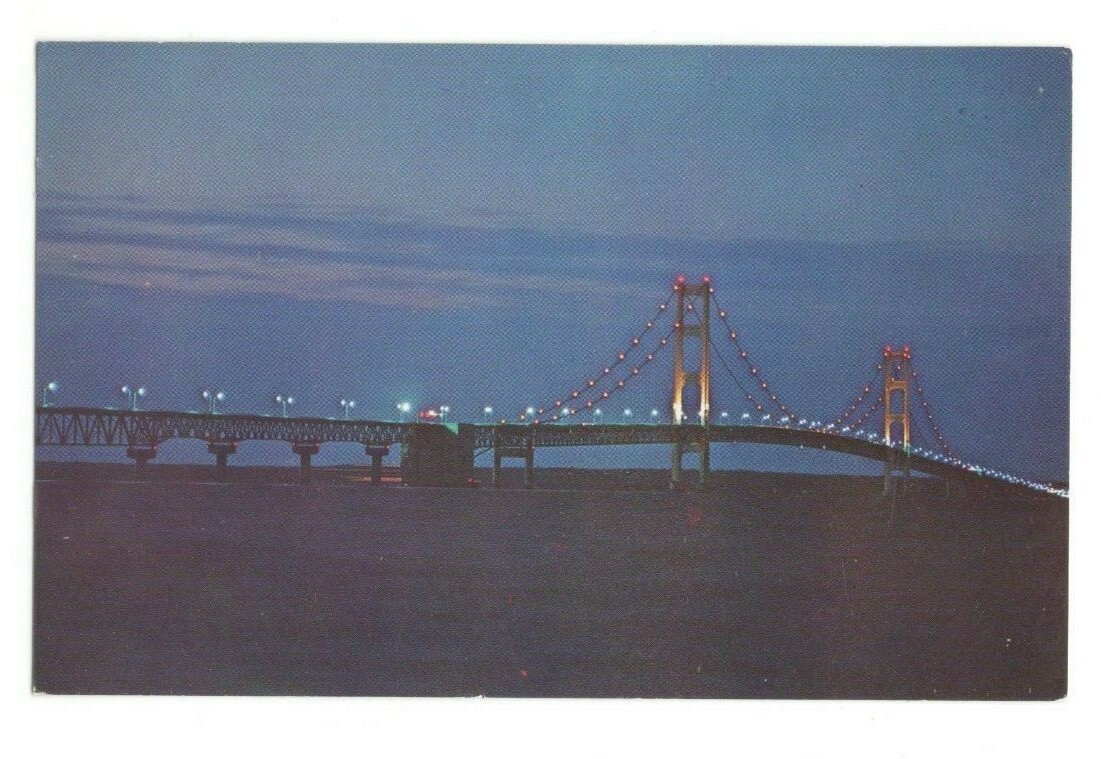 Mackinac Straits Bridge At Night Michigan Vintage Postcard AF106