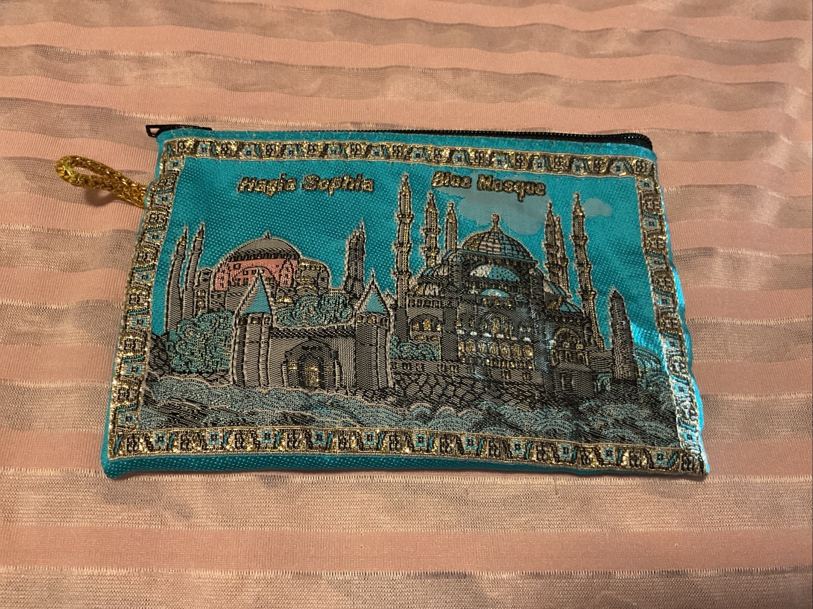 Handmade Souvenir Blue Mosque Coin Purse Women Wallet w/ handle & zipper Morocco