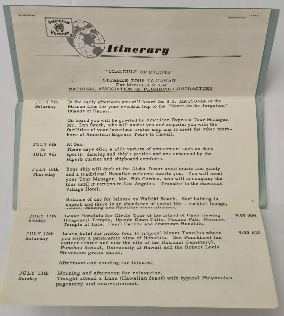 1958 S.S. Matsonia Cruise Ship Hawaii American Express Tour Itinerary Plumbing