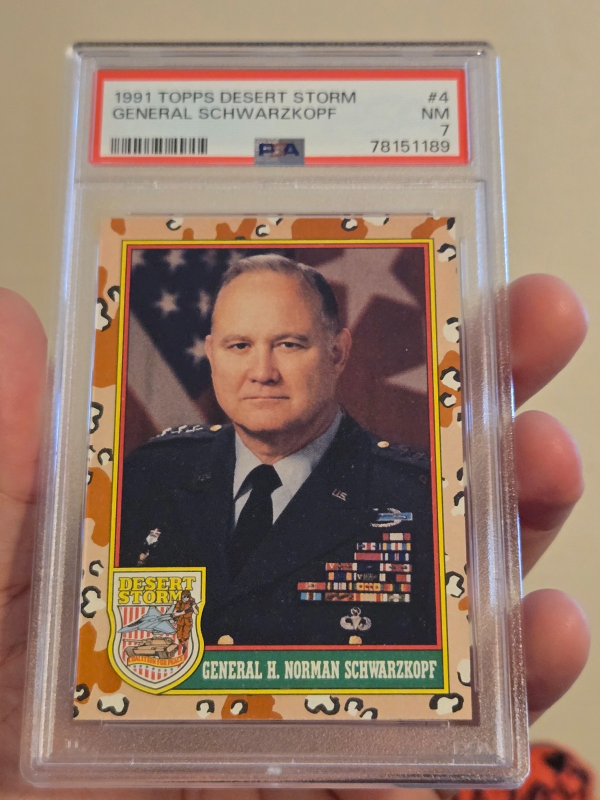 1991 TOPPS DESERT STORM U.S. GENERAL NORMAN SCHWARZKOPF #4 TRADING CARD PSA 7 NM
