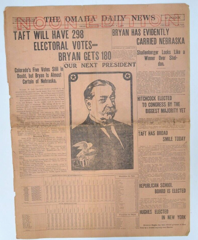 1908 Original Newspaper President William H. Taft ELECTED - Omaha Daily News