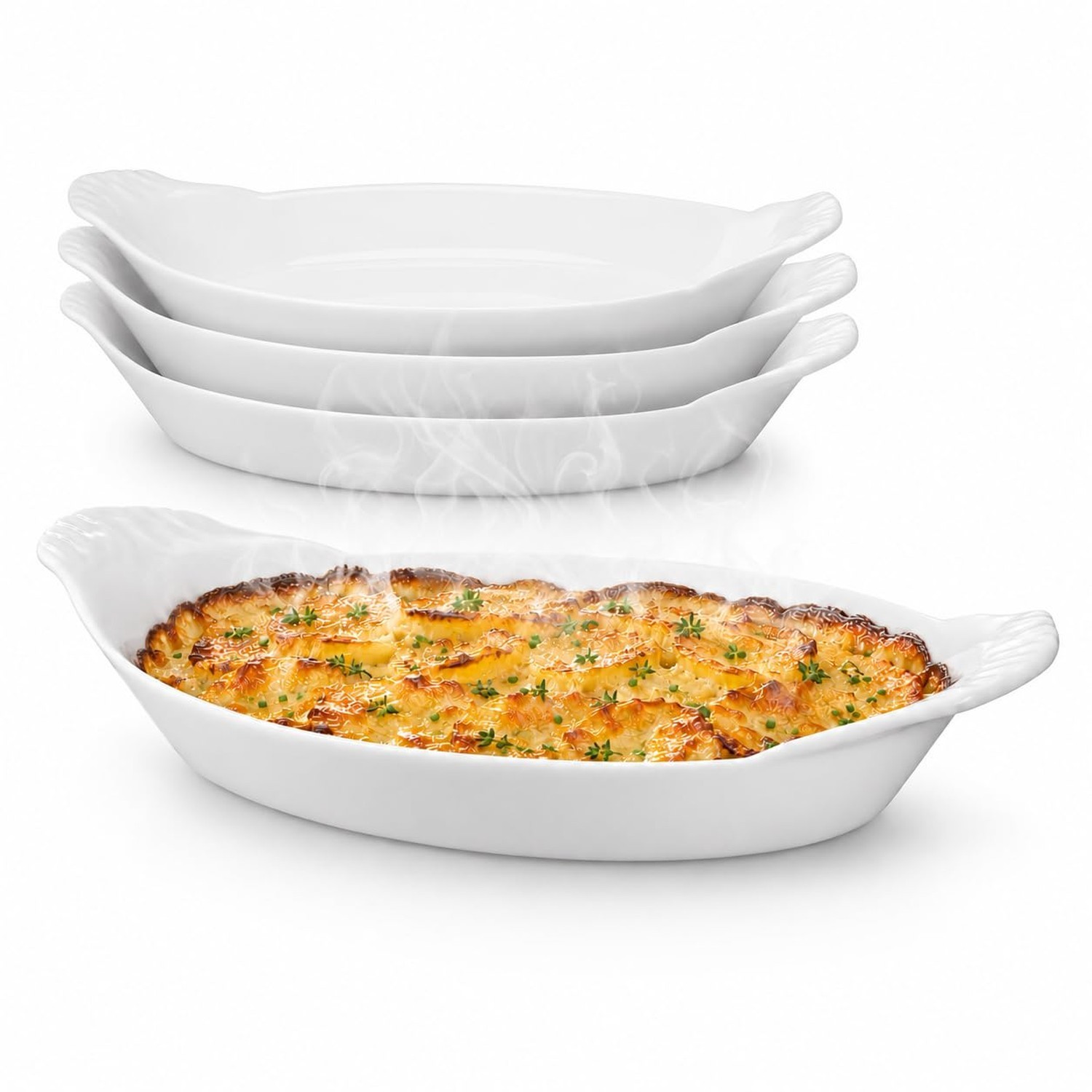 HIC Kitchen Oval Au Gratin Baking Dish, 12-Ounce, Fine Porcelain, Set Of 4