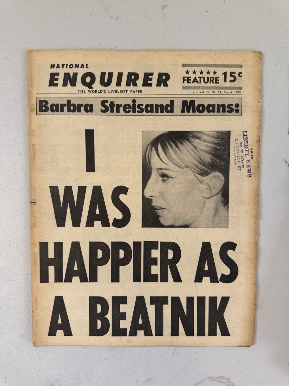 1965 July 4th National Enquirer Newspaper, Barbra Streisand (VRN7)