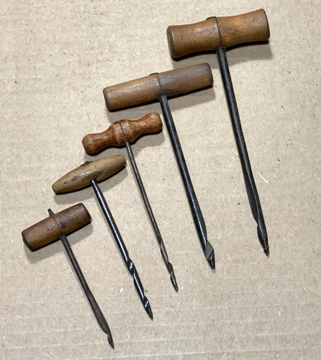 Vintage Wood T-Handle Gimlet Boring Bit Drill Bit Woodworking Tool LOT OF 5