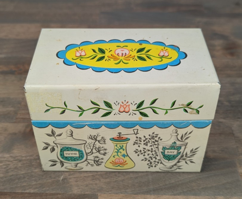 Vintage J. Chein & Co. Metal Recipe Box 70\'s Herbs & Spices Recipe Box Made USA