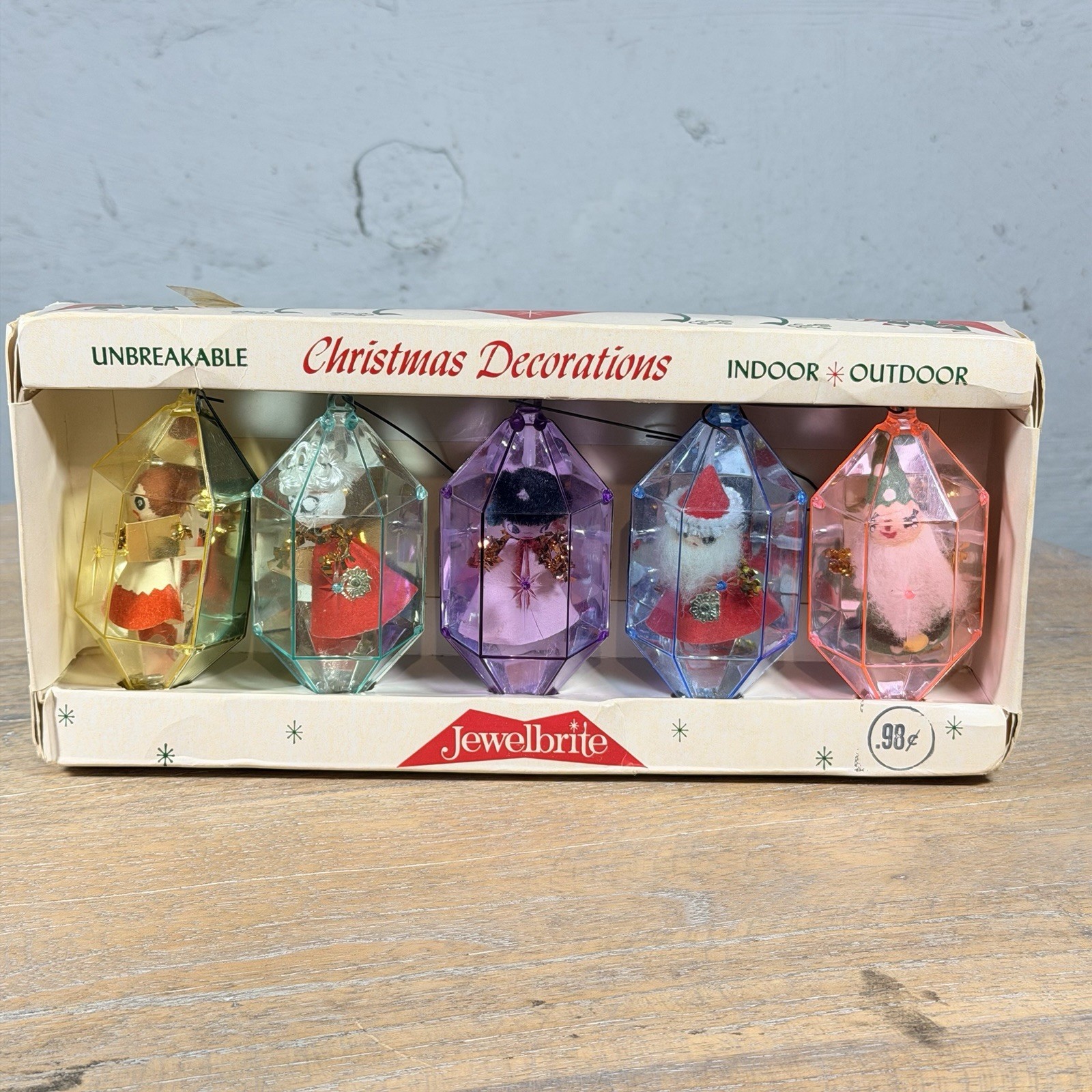 Vintage 1960\'s Jewel Brite Plastic Hexagon Diorama Christmas Ornaments