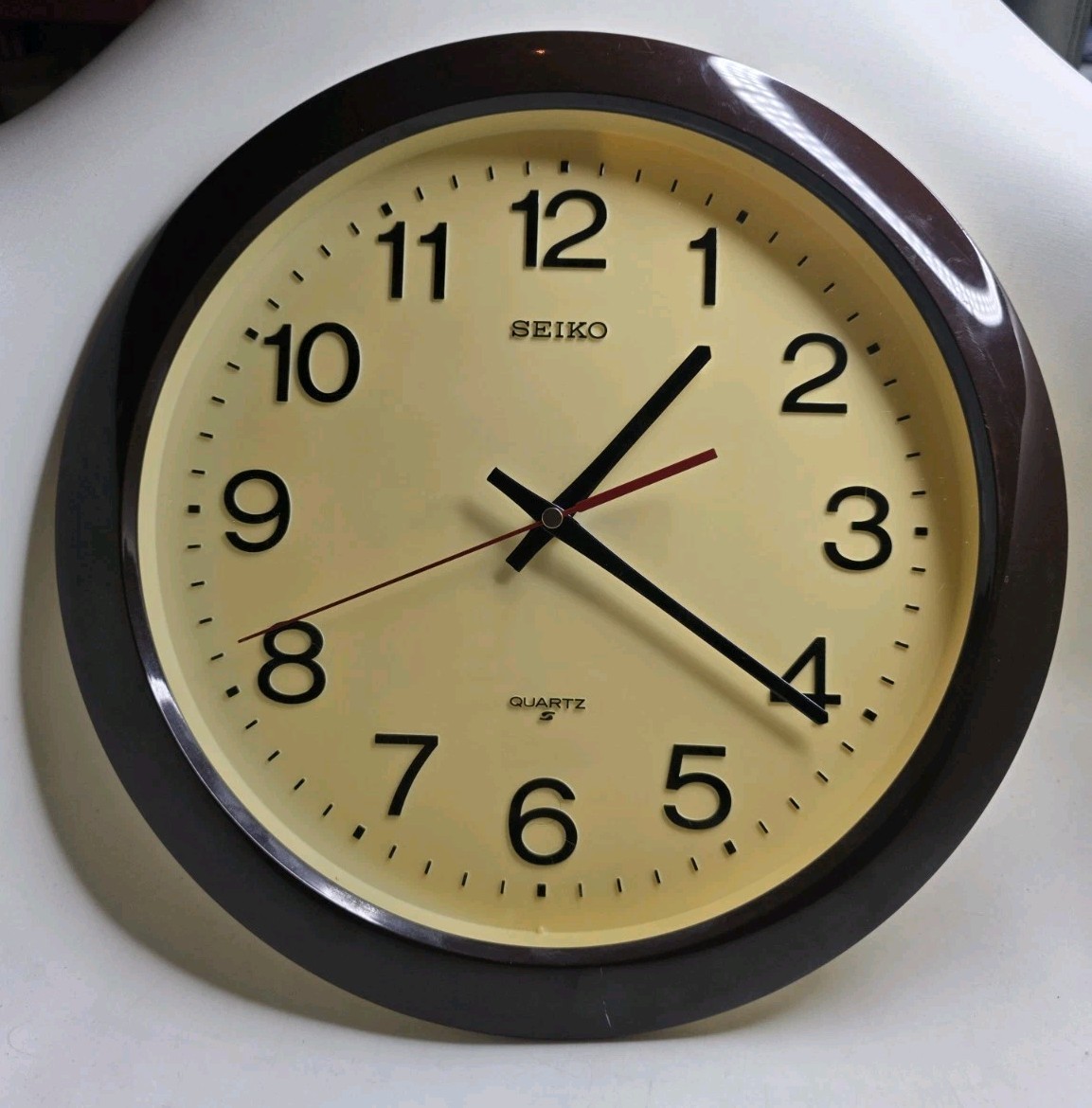 VTG Seiko QXA105BC Round Plastic Wall Clock, Late 80s/90s Black/Gold Works Japan