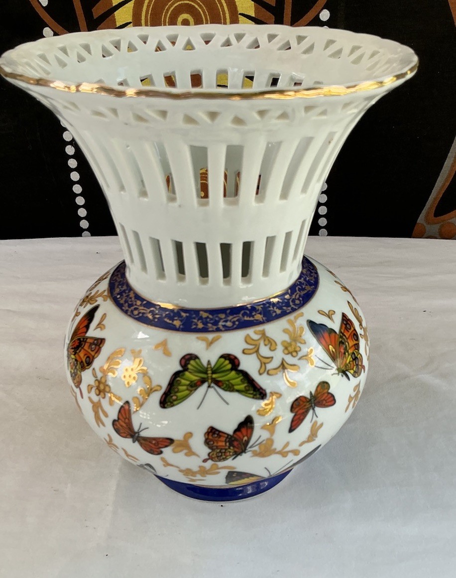 Formalities by Baum Brothers Vintage Ceramic Butterfly Vase Reticulated 6”wide