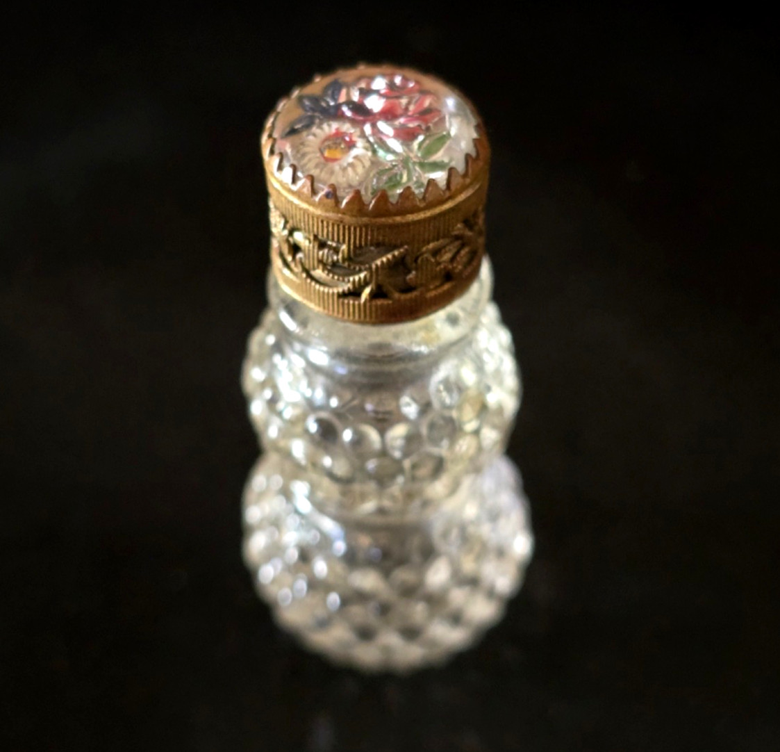 Vintage Antique Perfume Bottle Czech Stubby Reverse Paint Flowers 1930's