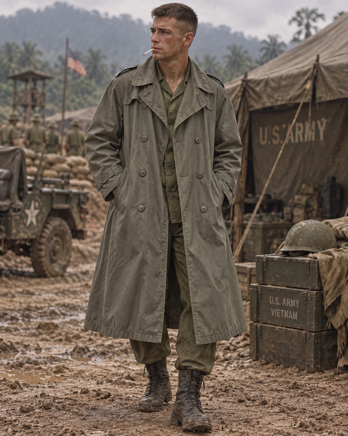 Mens Vintage US Army Vietnam War 60s Military Green Rain Trench Coat 40s Mens Vintage US Army Vietnam War 60s Military Green Rain Trench Coat 40s