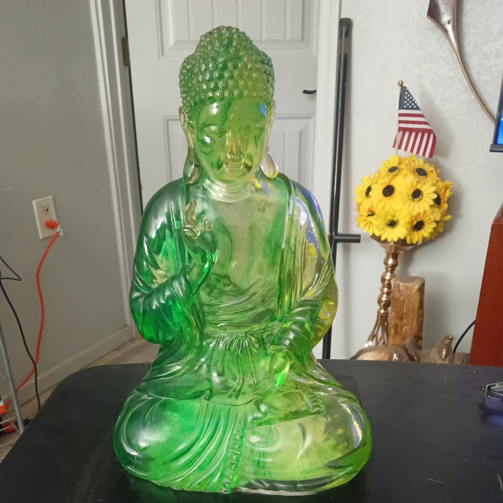 Vintage Larger Lucite Translucent Citrine Green 13 Inch Buddha. No Chips/Cracks
