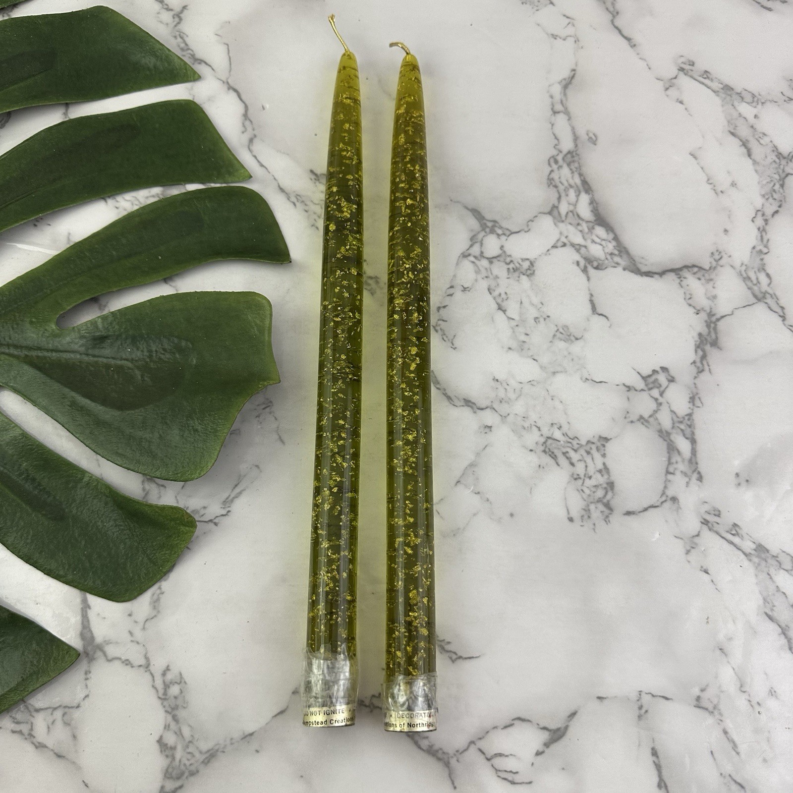Vintage 60s Lucite Candlesticks Olive Green Gold Metallic Fleck Taper Candle