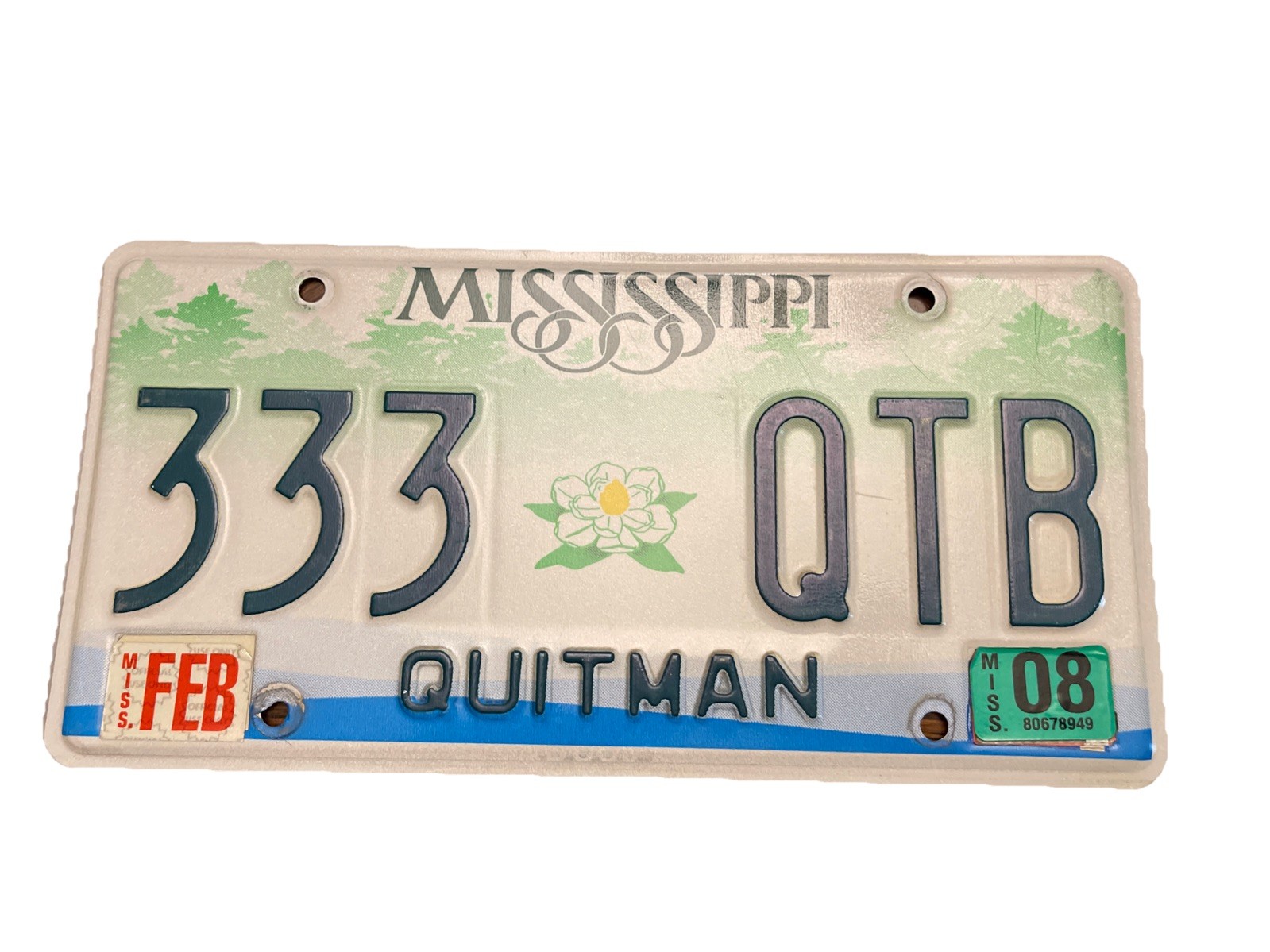 2005 Mississippi  Magnolia License Plate # 333 QTB Quitman