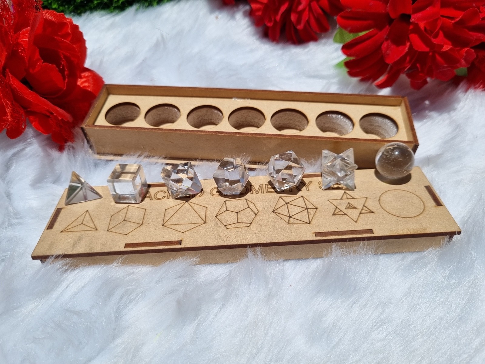 Natural Clear Quartz Sacred Geometry Set 7 Piece Crystal Platonic Solids Gift. Natural Clear Quartz Sacred Geometry Set 7 Piece Crystal Platonic Solids Gift.