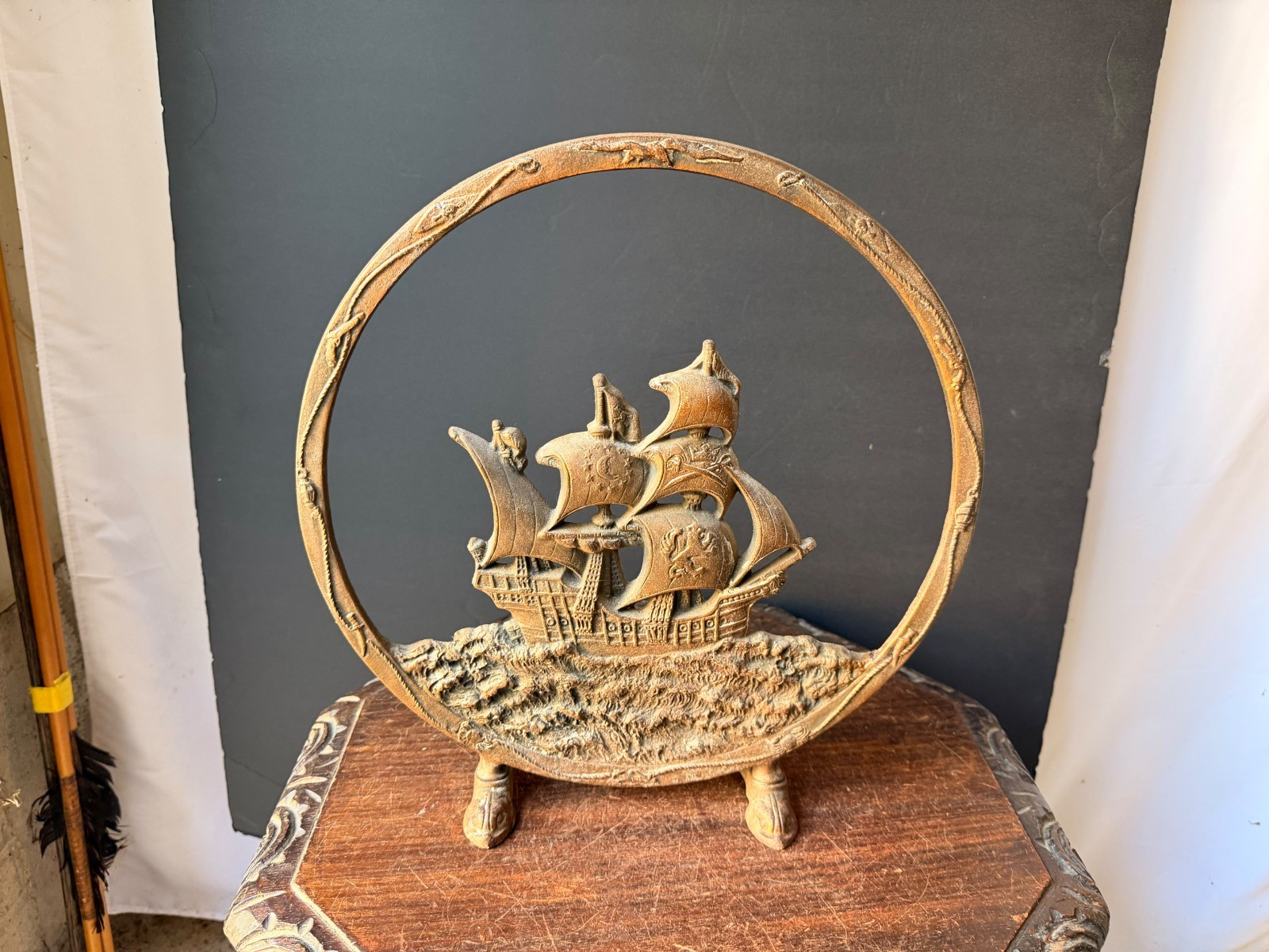 Antique 1920s Cast Iron Galleon Ship Radio Speaker Frame Fireplace Screen 15 in