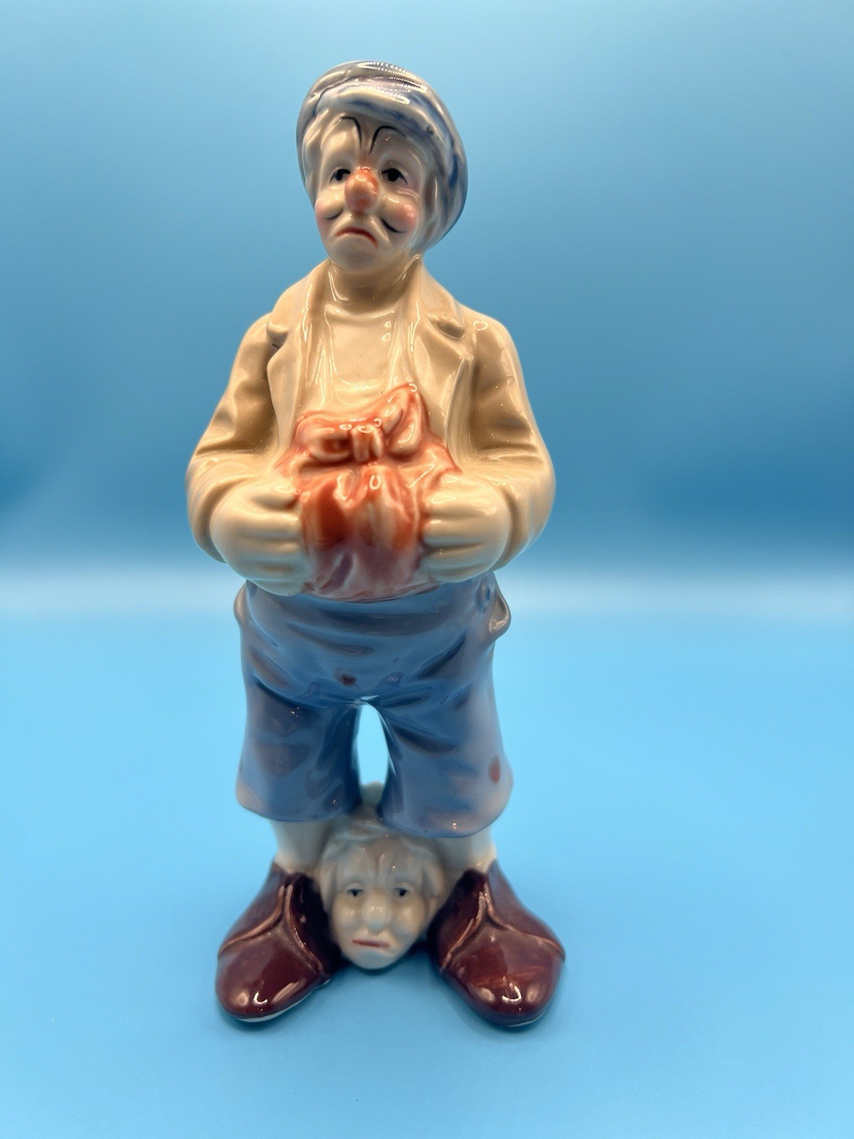 HOBO THE CLOWN Ceramic Boy Figurine Holding Bag Vintage Decorative Statue HOBO THE CLOWN Ceramic Boy Figurine Holding Bag Vintage Decorative Statue