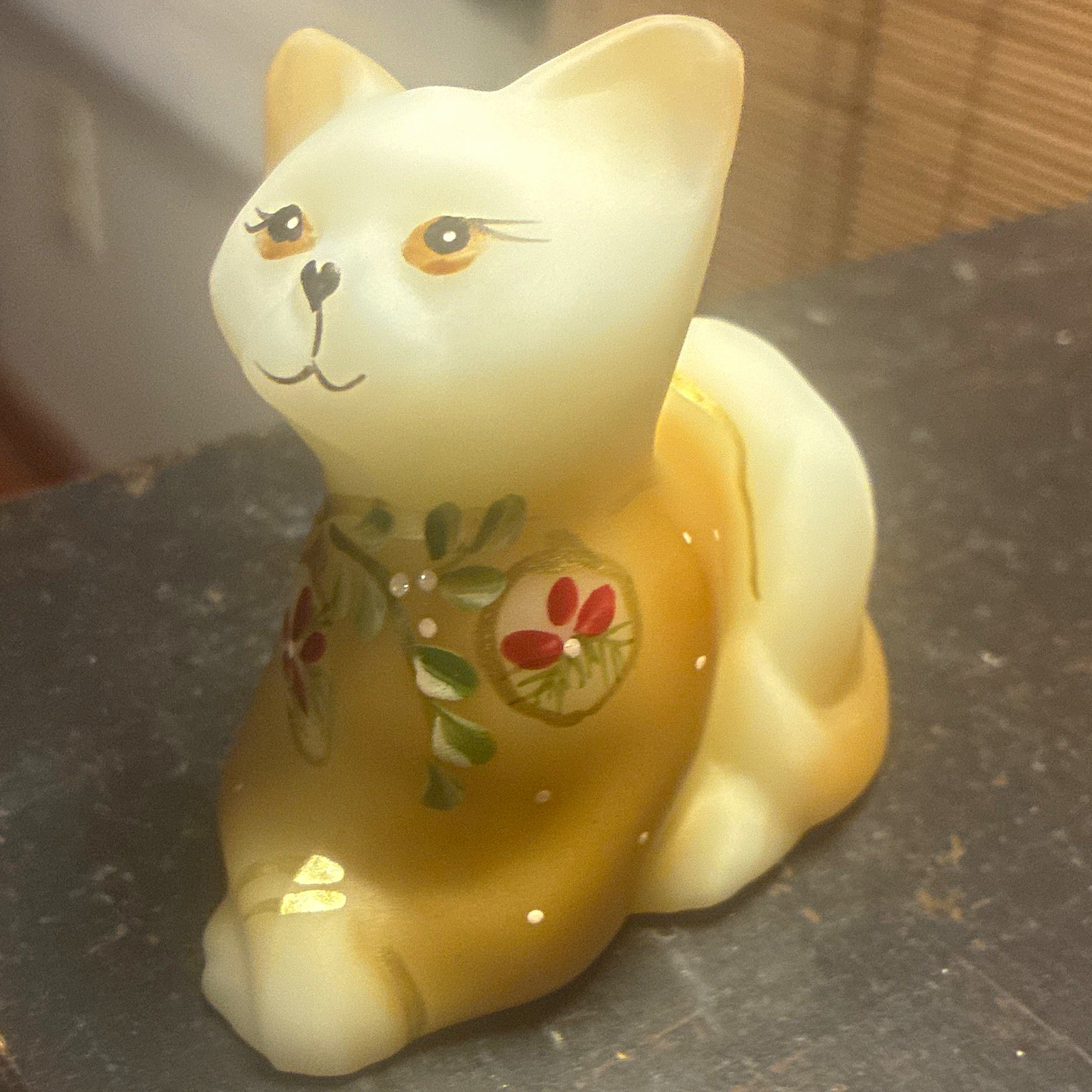 Fenton Handmade satin  Cat Hand Painted Floral Sitting Kitten signed S. waters