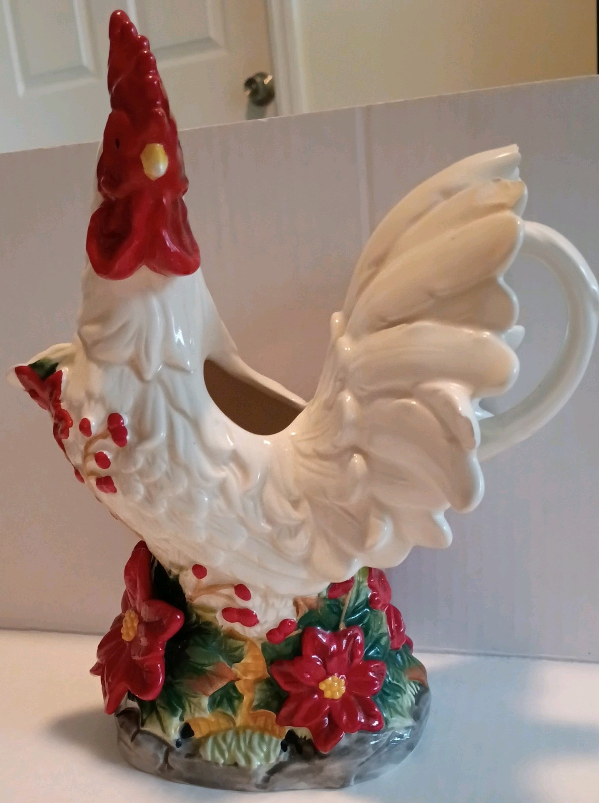 Vintage Chicken Rooster Ceramic White Figurine With Red Accents Kitchen Decor