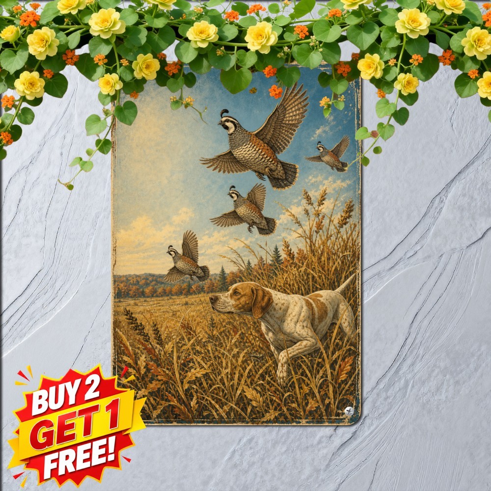 Quail Hunting Dogs Bird Game Sign Rustic Sportsman Cabin Decor Metal Plaque 8x12