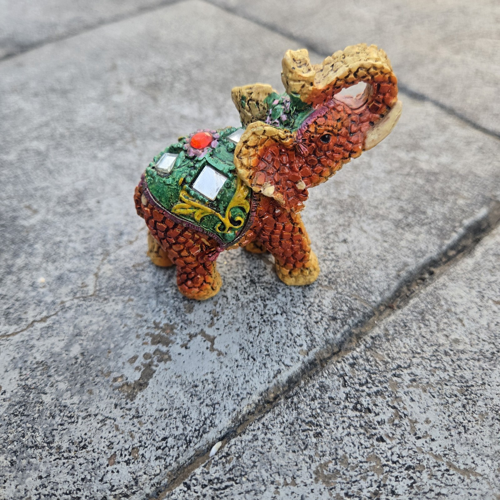 Small Resin Circus Decorated Elephant Figurine Texured Trunk Up
