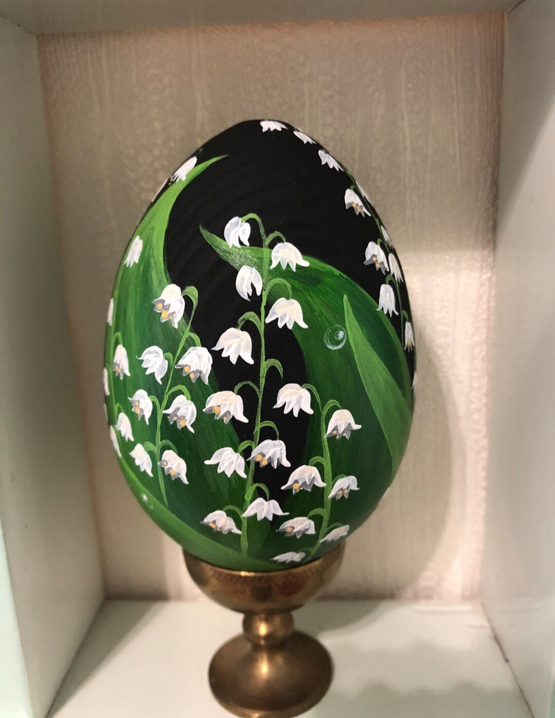 Lily of the Valley Easter Egg Hand-painted Wooden Egg on the stand height-5.5 in