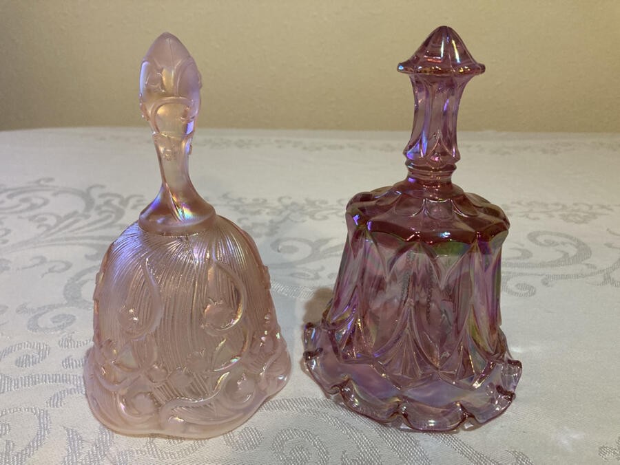 2 Pink Fenton Bells Opalescent Lily Of The Valley & Dusty Rose Whitton Bell EUC