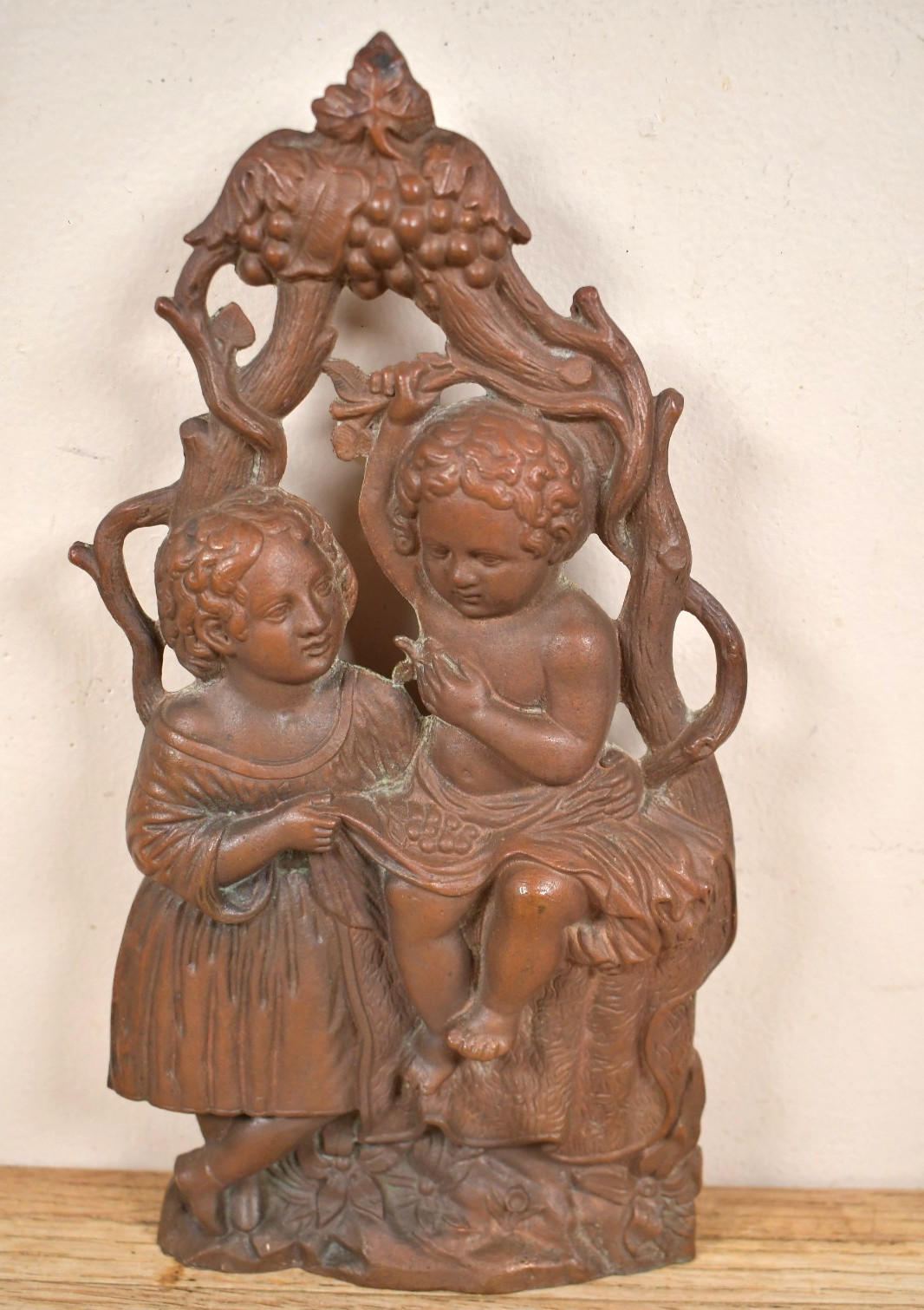 Vtg Antique 1851 Bronze Brass Figural Plaque Art Dark Patina Children Grape Vine
