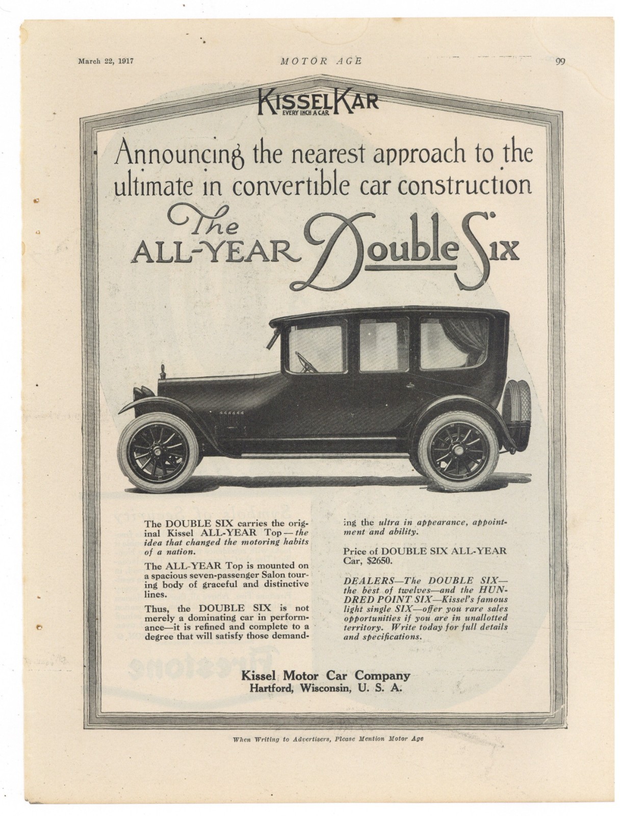 1917 Kissel Motor Car Co. Hartford Wisconsin Ad: Double Six All Year Car $2650