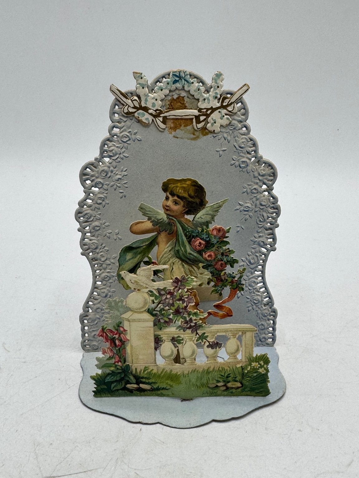 Vintage Germany Die-Cut Mechanical Valentine Card Cherub Dove Lace Floral 6.5\