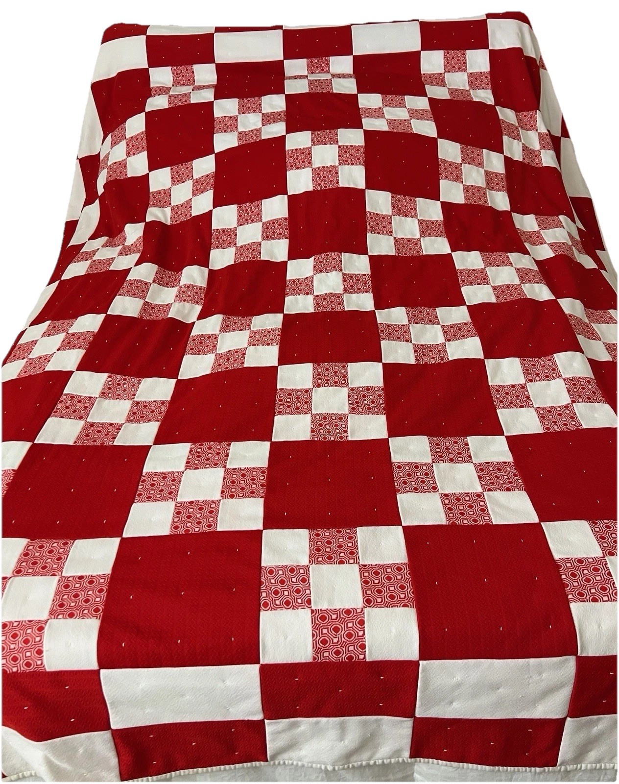 Vintage Red & White Irish Chain Single Stitch Poly Patchwork 98x80